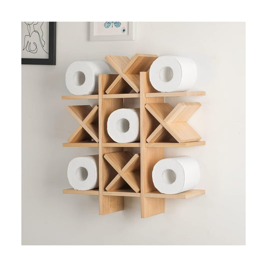 Weysat Tic Tac Toe Toilet Paper Holder,Wood Color | Farmhouse Bathroom Decor, Freestanding or Wall Mount Storage for