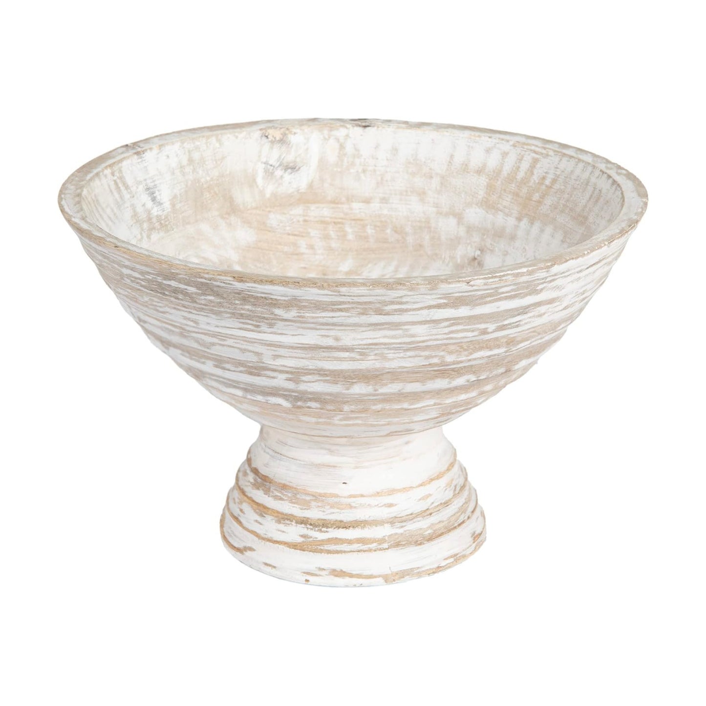 Boho Wood Pedestal Serving Bowl / 9-3/4" Round / White Wash