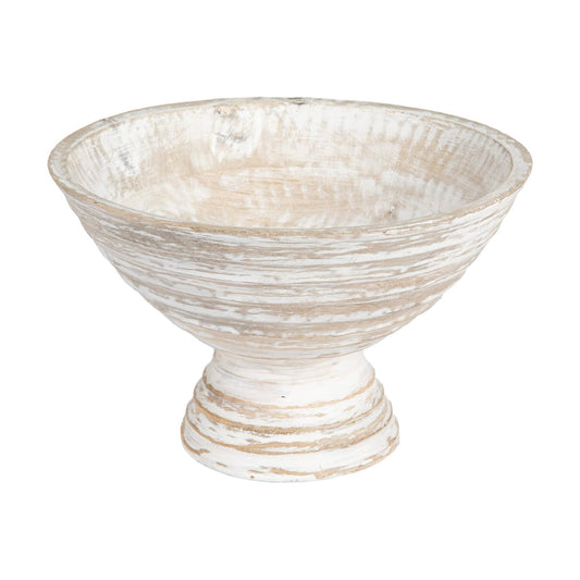 Boho Wood Pedestal Serving Bowl / 9-3/4" Round / White Wash