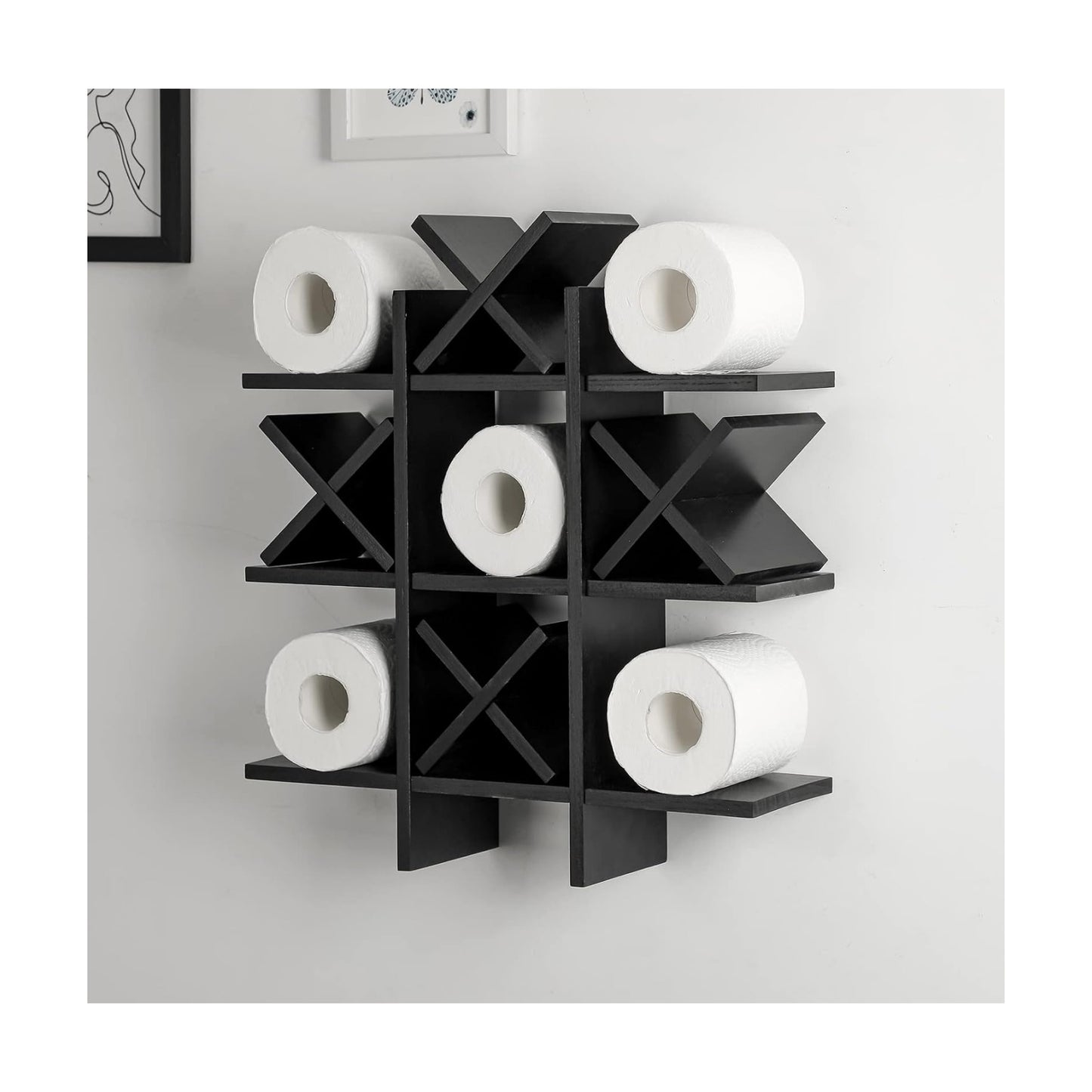 Weysat Tic Tac Toe Toilet Paper Holder,Black | Farmhouse Bathroom Decor, Freestanding or Wall Mount Storage for Tissue