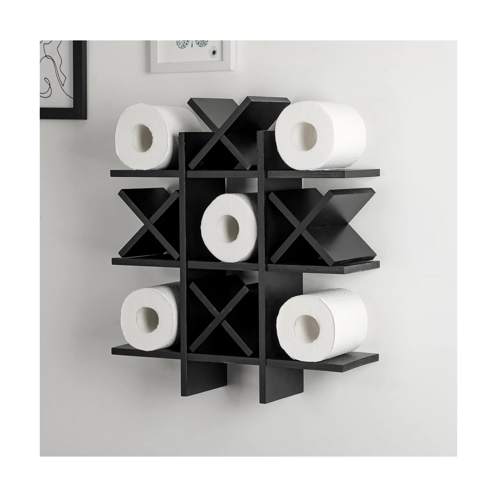 Weysat Tic Tac Toe Toilet Paper Holder,Black | Farmhouse Bathroom Decor, Freestanding or Wall Mount Storage for Tissue