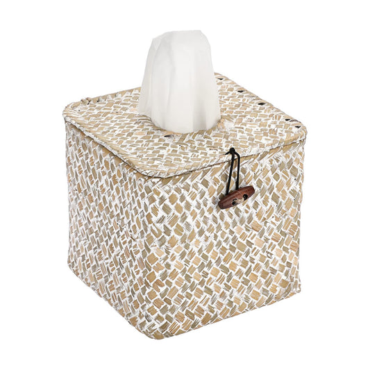 Woven Tissue Box Holder Rustic Cube Tissue Cover / Whitewash / Seagrass