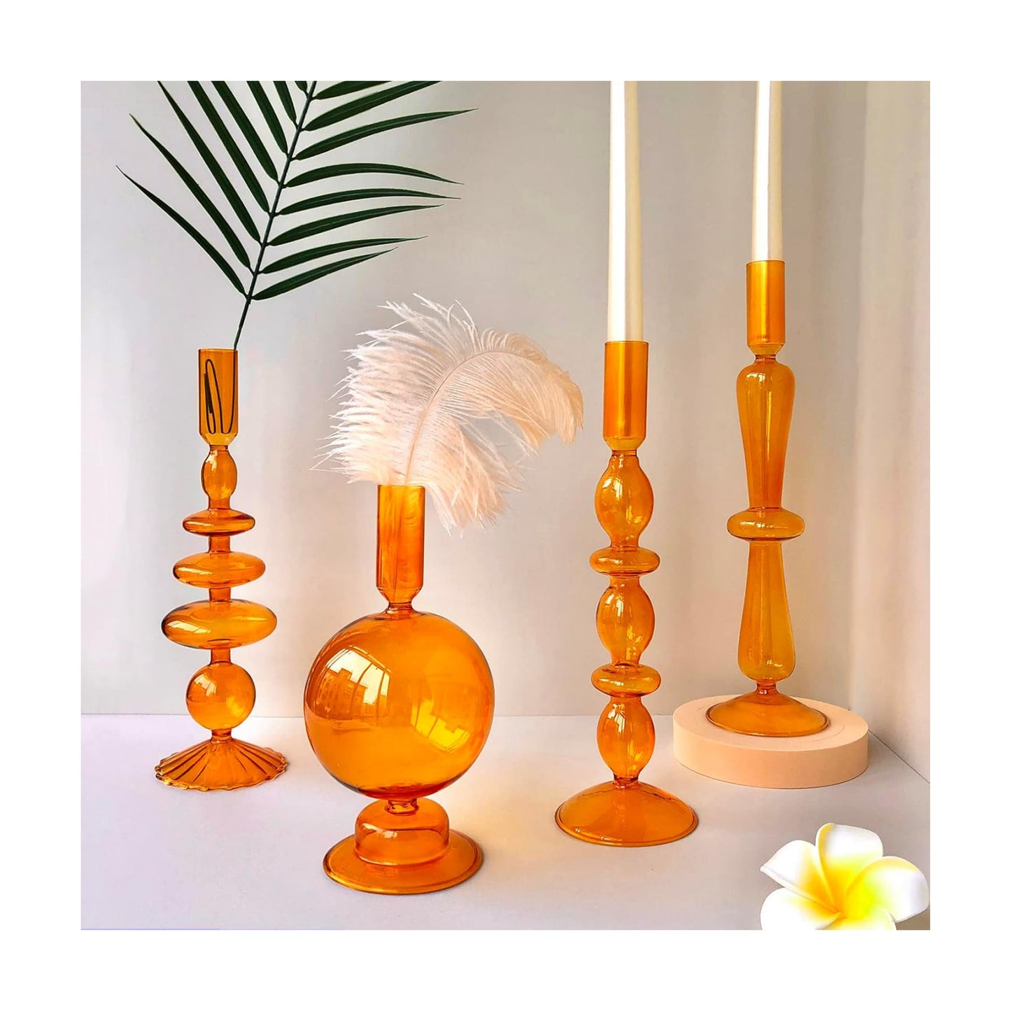 Candle Stick Candle Holder, Glass Candle Holders for Table Centerpiece, Modern Style Amber Candle Holder Mixed 4pcs