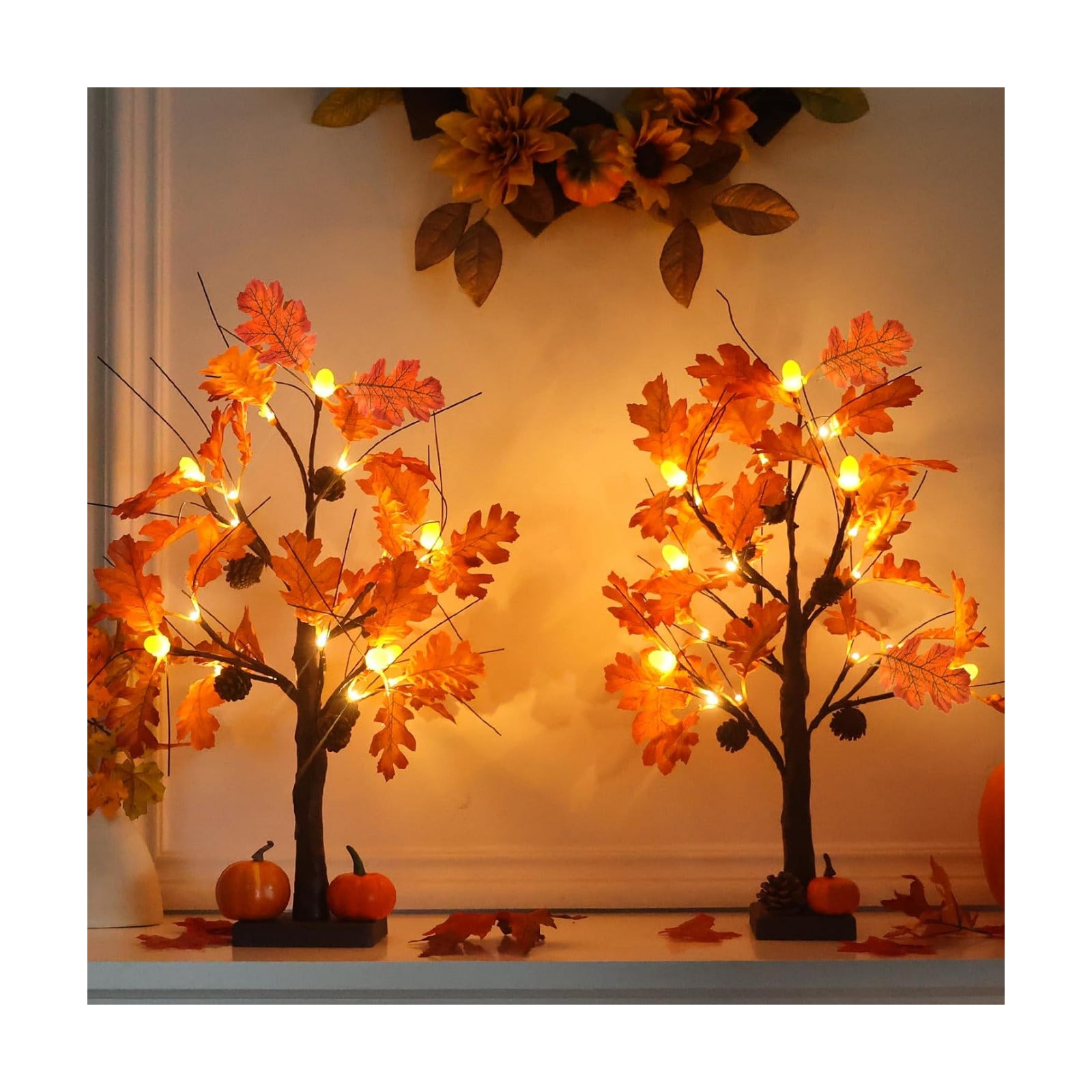 hogardeck Fall Decorations for Home, 2 Pcs 24”2FT Lighted Acorn Leaves Tree Fall Decor with Warm White LEDs, 6 Acorn