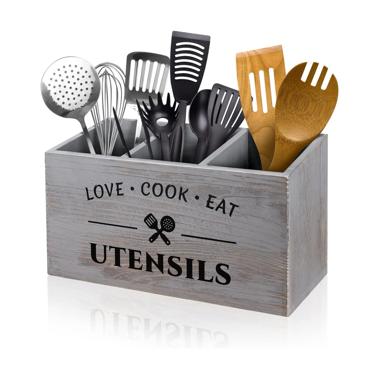 MINCORD Wood Utensil Holder for Kitchen Counter | Grey Rustic Utensil Caddy with 3 Compartments | Farmhouse Flatware