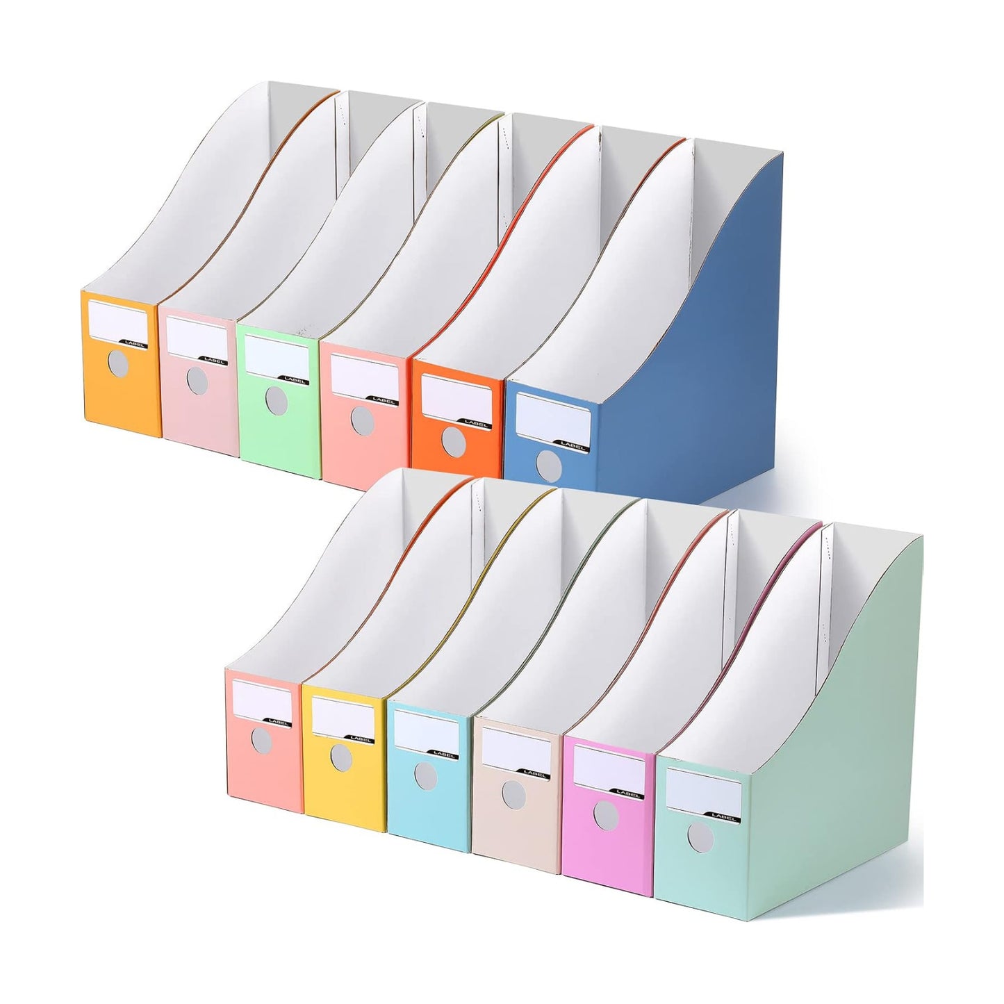 Colarr 12 Pack Cardboard Magazine File Holders Book Bins,Bright Color | Heavy Duty Magazine Storage Box with Labels