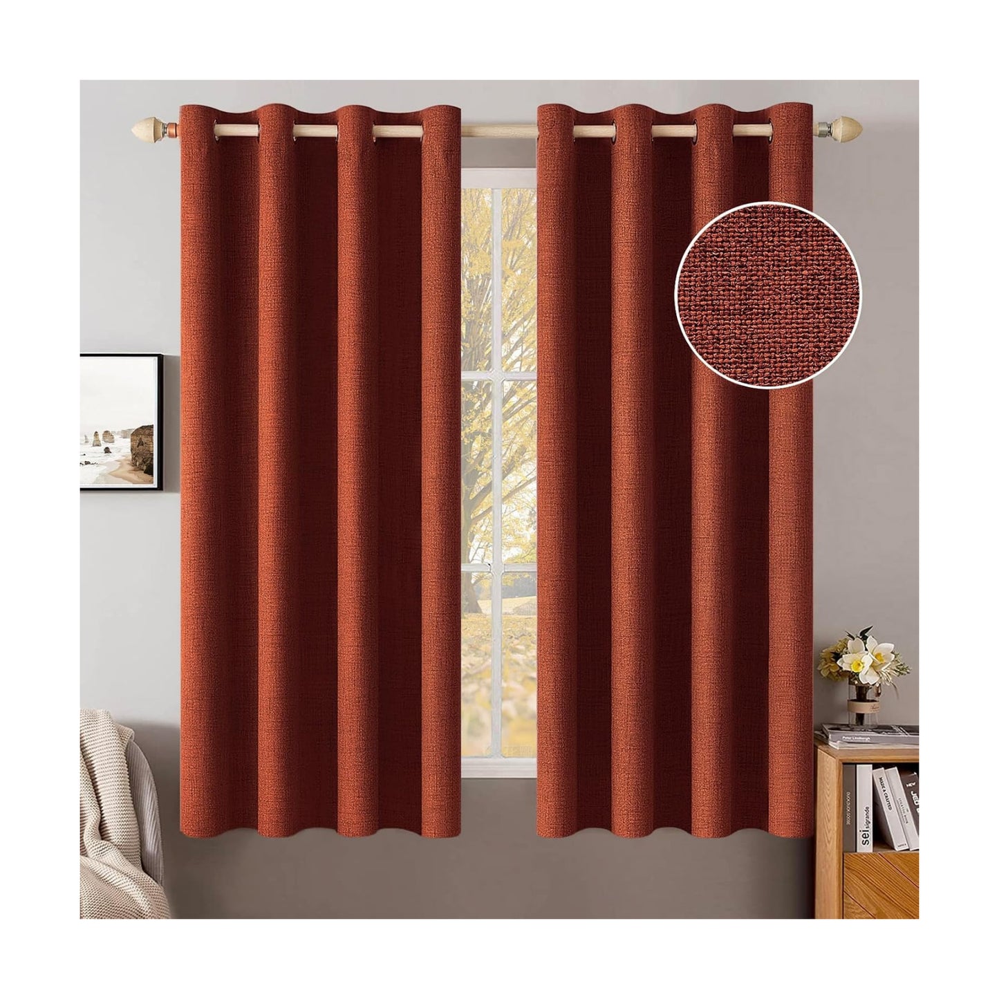 MIULEE 100% Blackout Linen Curtains for Bedroom 52x45 Inches Burnt Orange