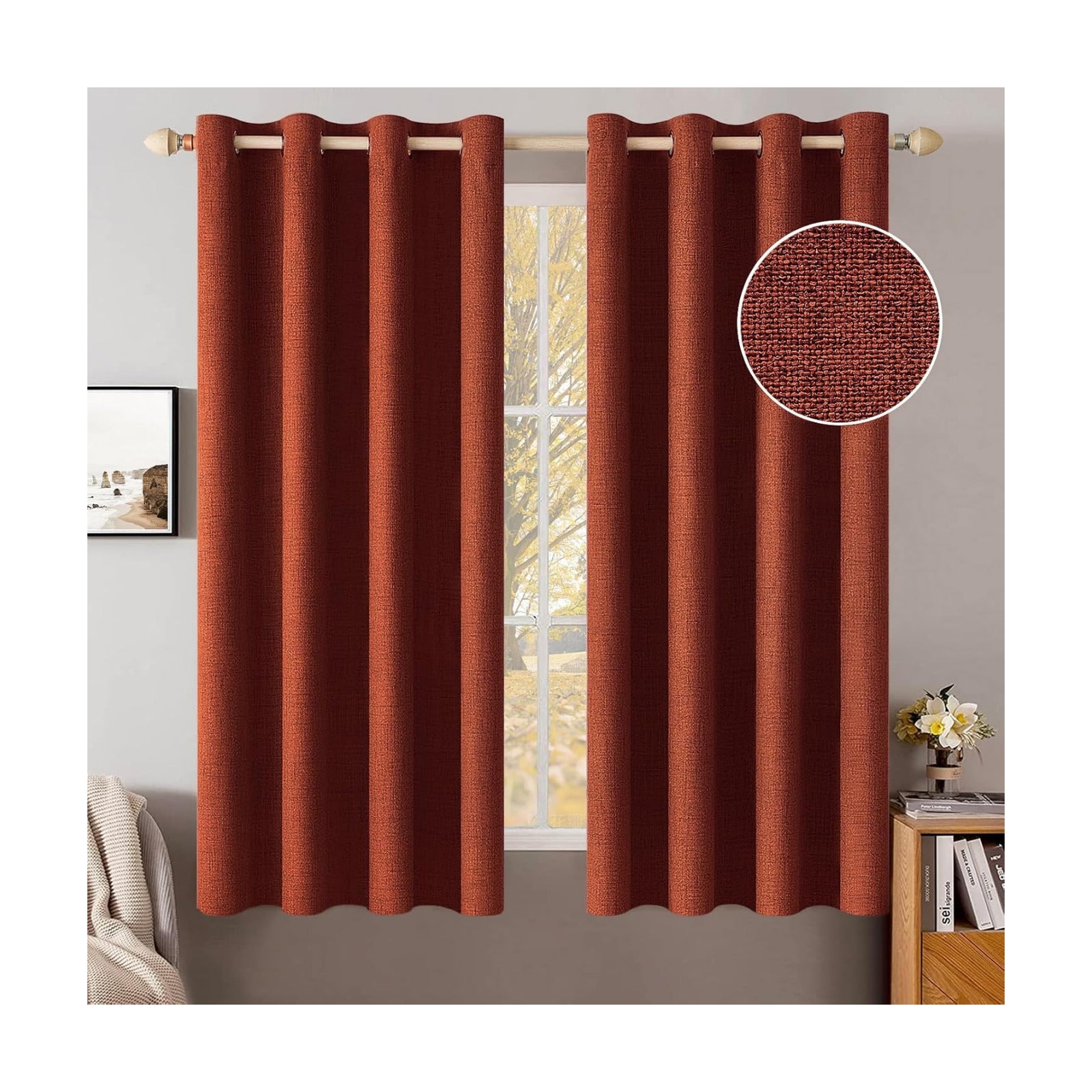 MIULEE 100% Blackout Linen Curtains for Bedroom 52x45 Inches Burnt Orange