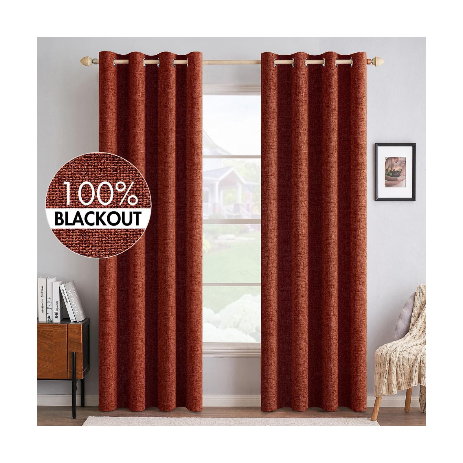 MIULEE 100% Blackout Linen Curtains for Bedroom 52x96 Inches Burnt Orange