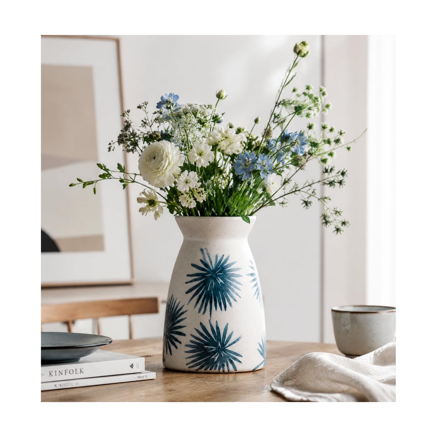 Modern Vases / White Flower Vase- Ceramic Vase for Decor / Teal White-7inch