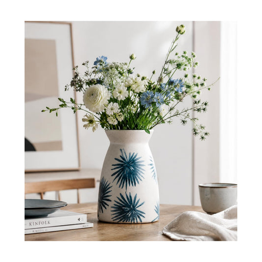 Modern Vases / White Flower Vase- Ceramic Vase for Decor / Teal White-7inch