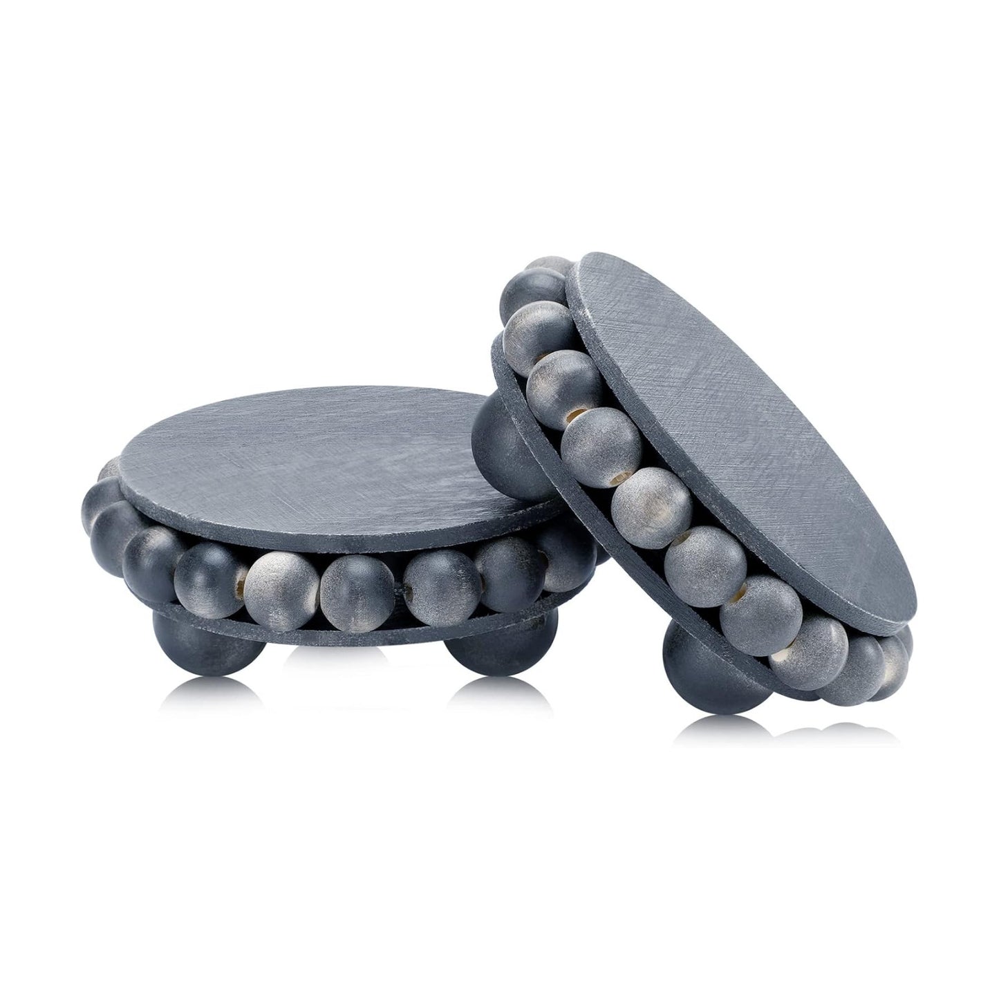 Beaded Wood Pedestal Stand Wooden Risers for Display Farmhouse Round / 4 Inch / Grey / Set of 2