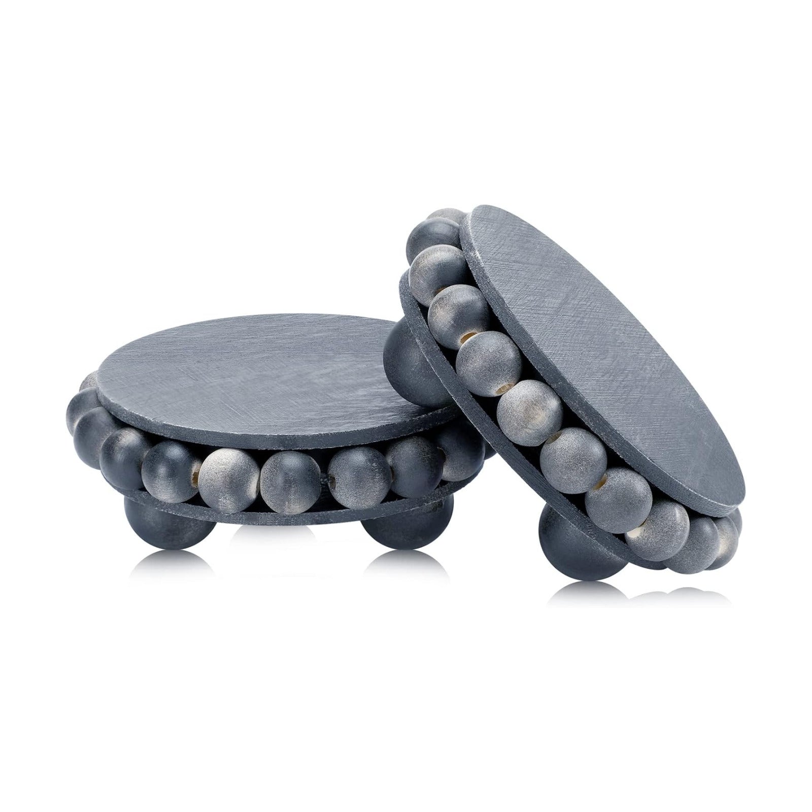 Beaded Wood Pedestal Stand Wooden Risers for Display Farmhouse Round / 4 Inch / Grey / Set of 2