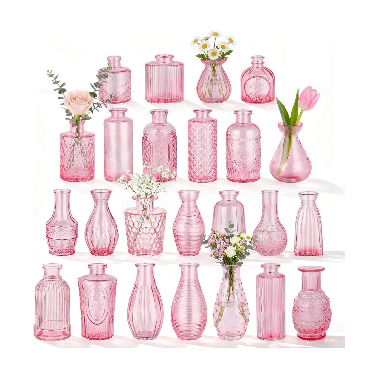 Mini Glass Vintage Vases for Centerpieces / Pink / Set of 24