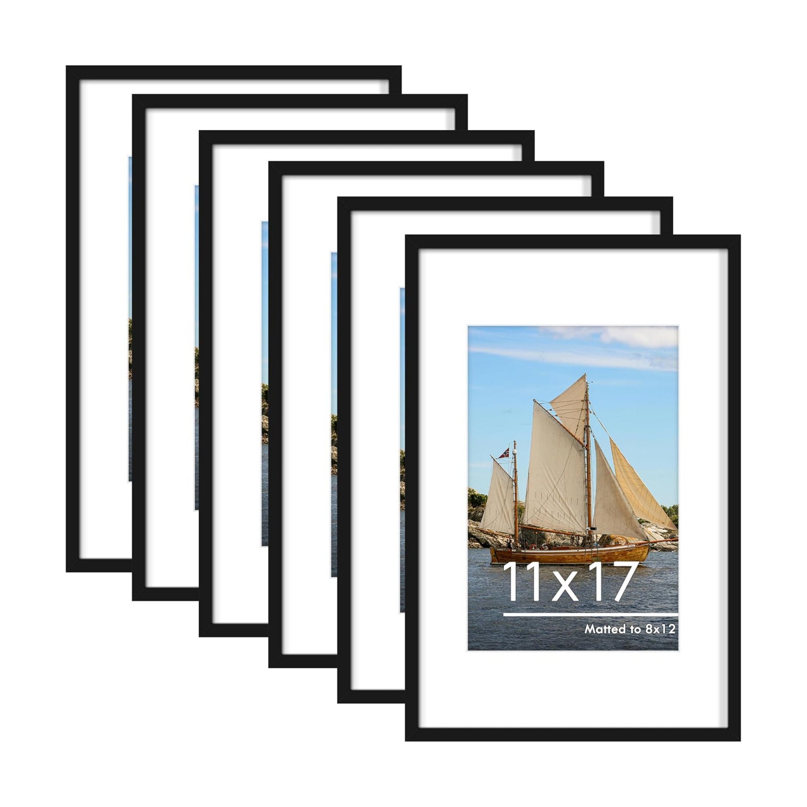 11x17 Picture Frame Set of 6, Wall Mounting Display, Black | Display 8x12 with Mat or 11x17 Without Mat, Horizontal or