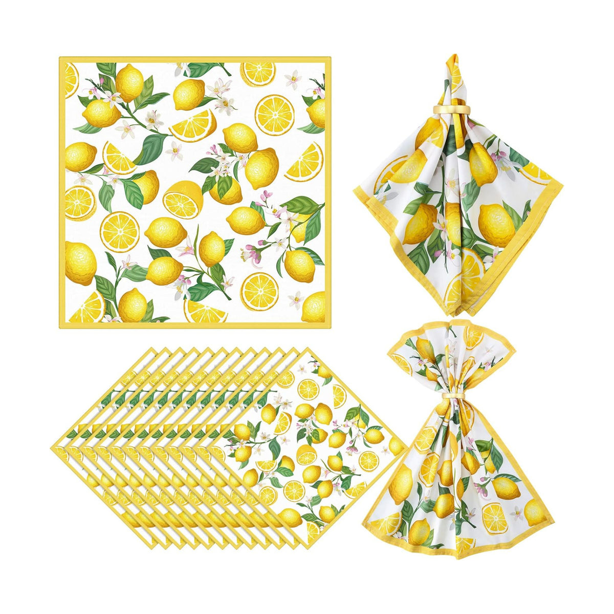 Qeeenar 12 Pcs Lemon Spring Floral Cloth Napkins, 20x20 Washable