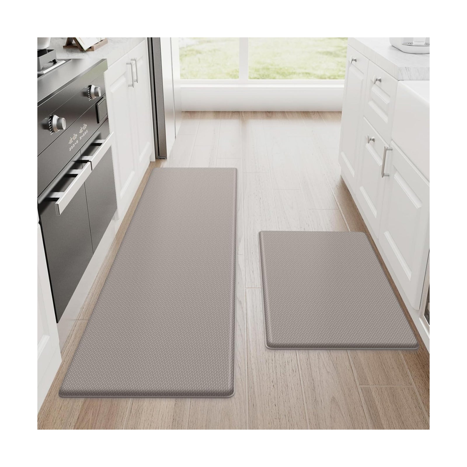 StepRite Kitchen Mats for Floor, 2-Piece Anti-Fatigue Kitchen Rugs, Khaki