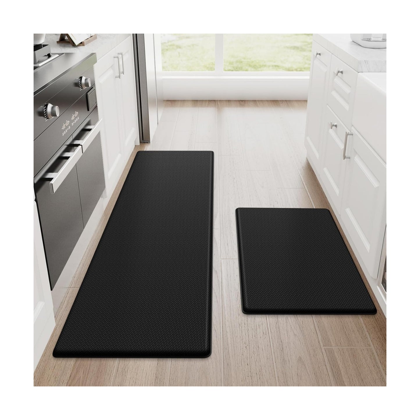 StepRite Kitchen Mats for Floor, 2-Piece Anti-Fatigue Kitchen Rugs, Black