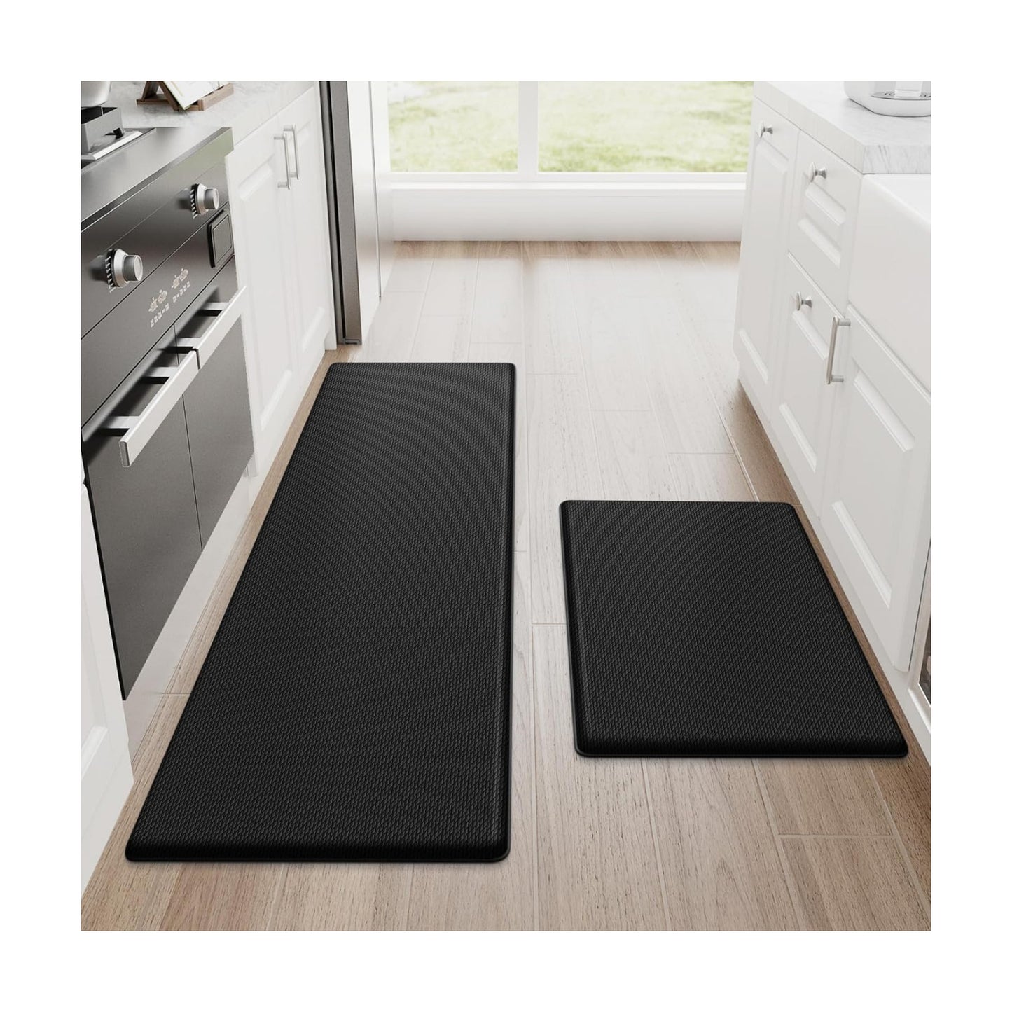 StepRite Kitchen Mats for Floor, 2-Piece Anti-Fatigue Kitchen Rugs, Black