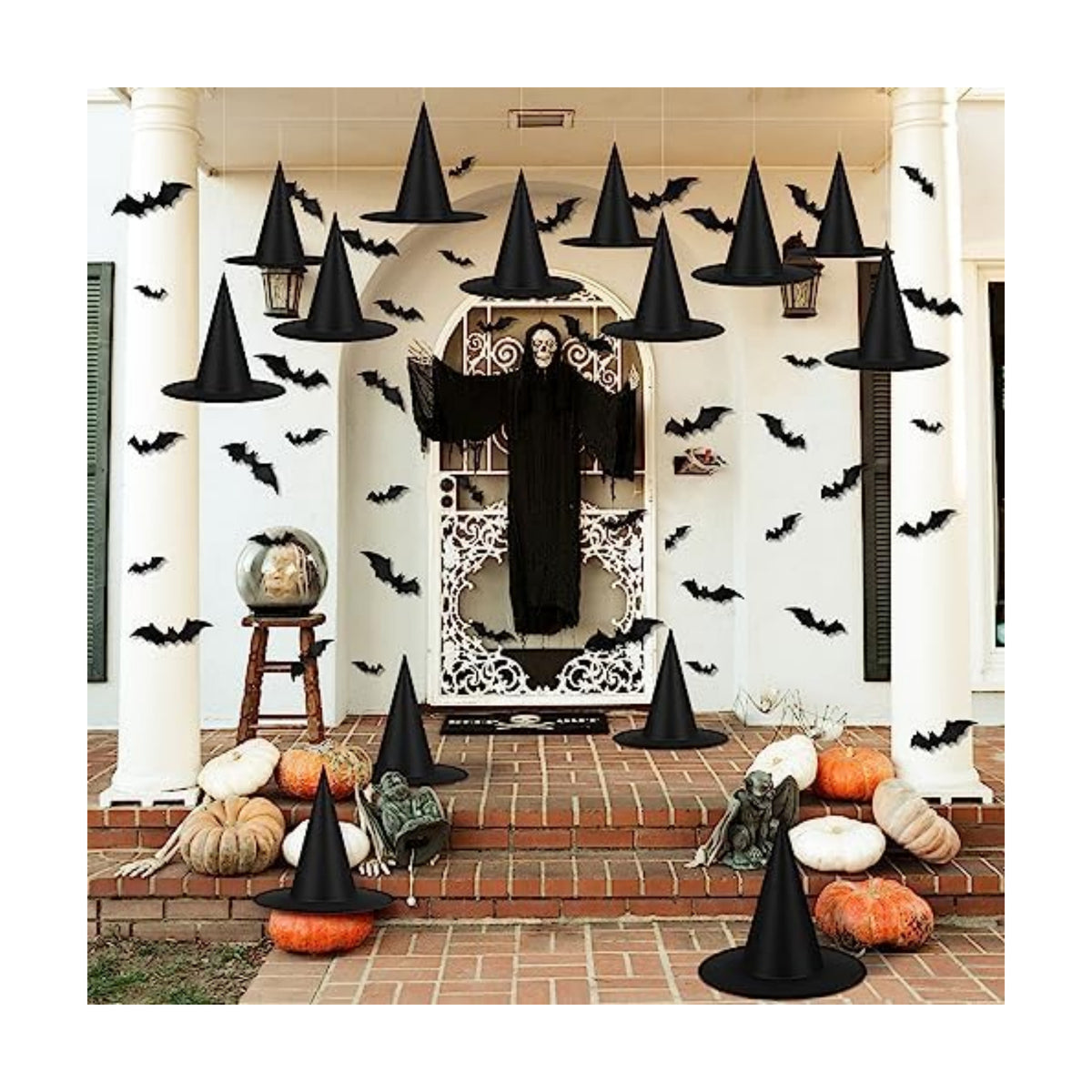 14 Pieces Halloween Black Witch Hats with 32 Pieces 3D Bats Sticker Wall Decor and 328 Feet Hanging Rope Witch Hat Decoration Cosplay Costume Accessory Caps Halloween Fancy Caps Yard Decor
