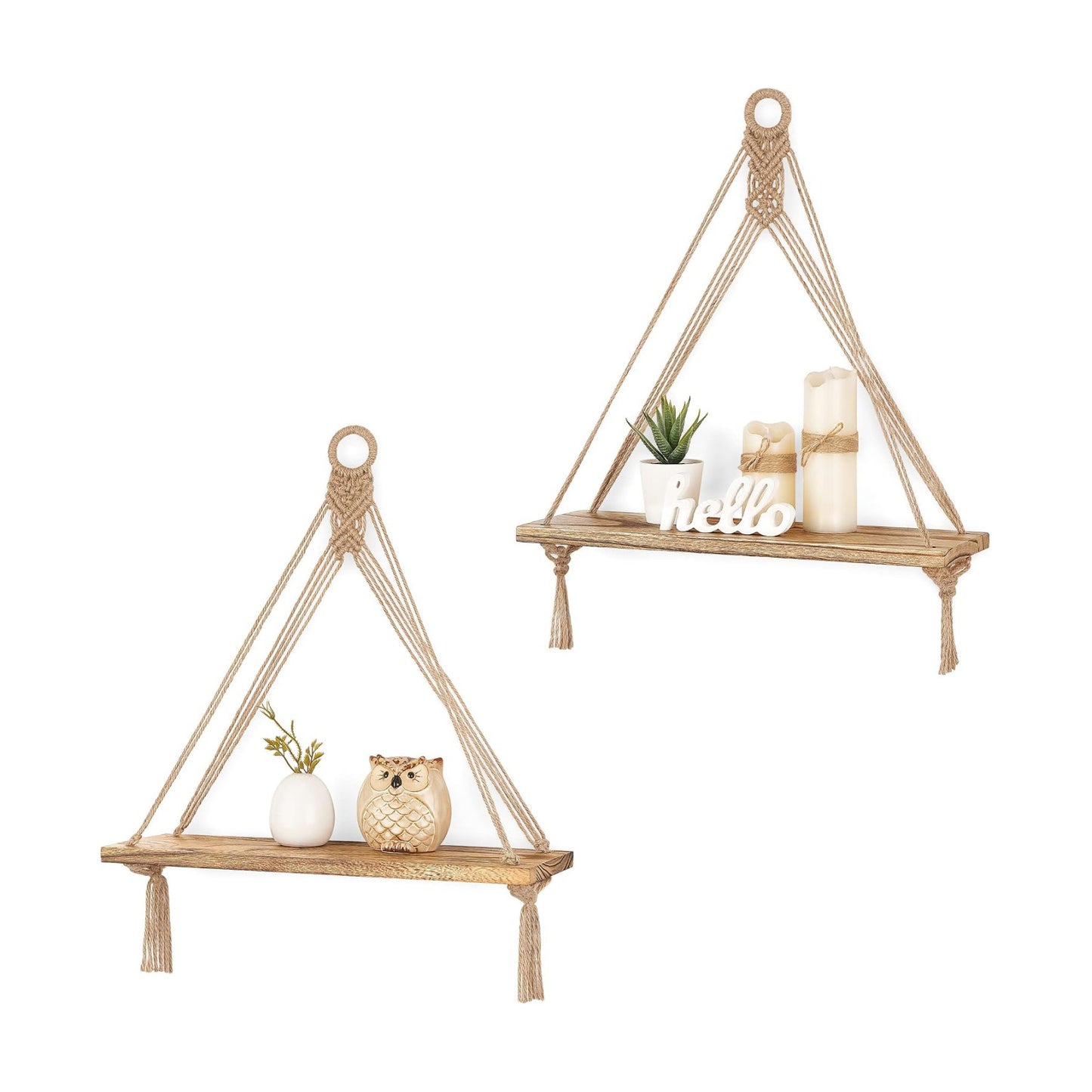 Macrame Hanging Shelves Boho Wall Decor Rustic Wood Floating Storage Shelf / Brown / Set of 2