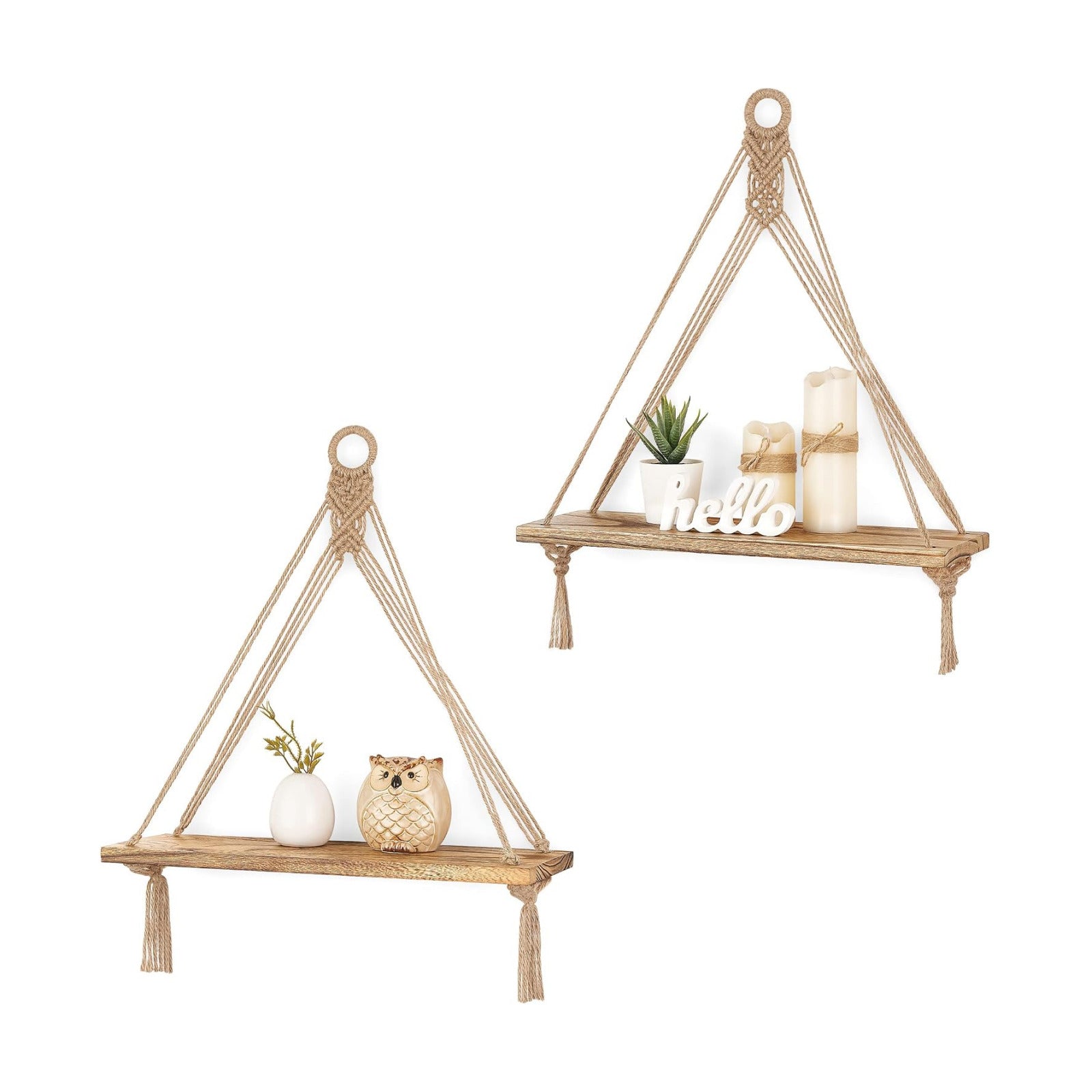 Macrame Hanging Shelves Boho Wall Decor Rustic Wood Floating Storage Shelf / Brown / Set of 2