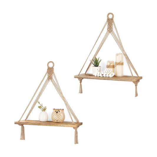 Macrame Hanging Shelves Boho Wall Decor Rustic Wood Floating Storage Shelf / Brown / Set of 2
