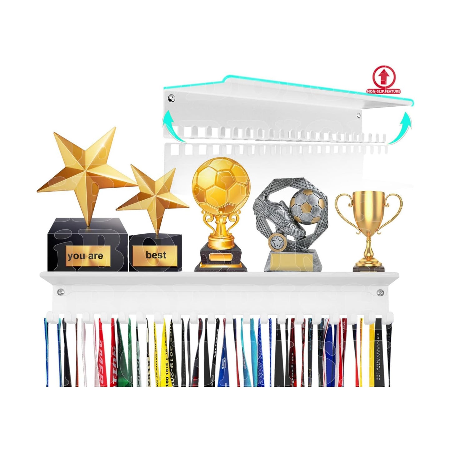 iBobbish Metal Medal Hanger Display,Non-Slip Trophy Shelf with 20 Hooks,Wall Mount,Heavy Duty,Non-Bent,Holds