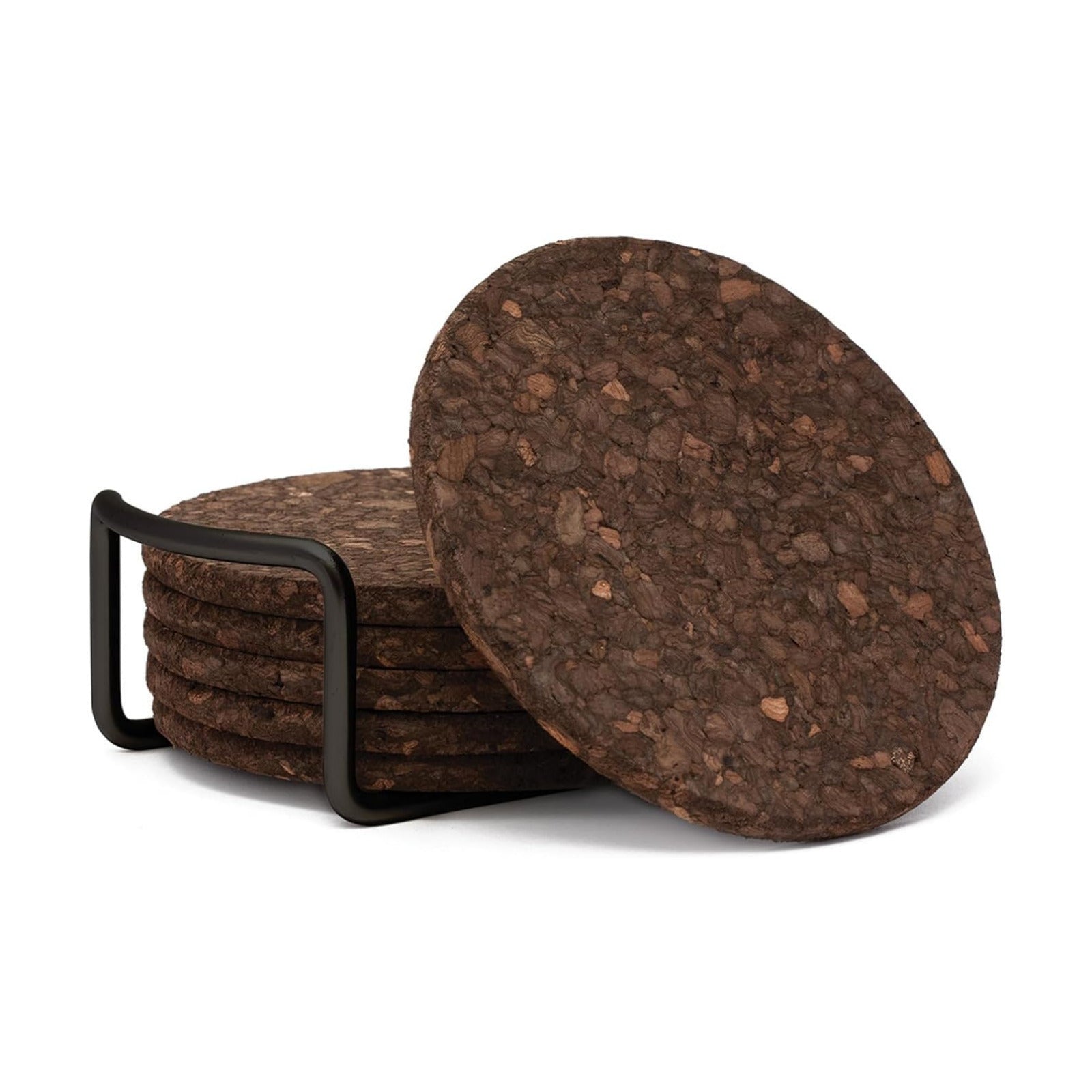 Thick Dark Cork Coasters in Attractive Coaster Holder 4.7" Round Durable / Black / Set of 6