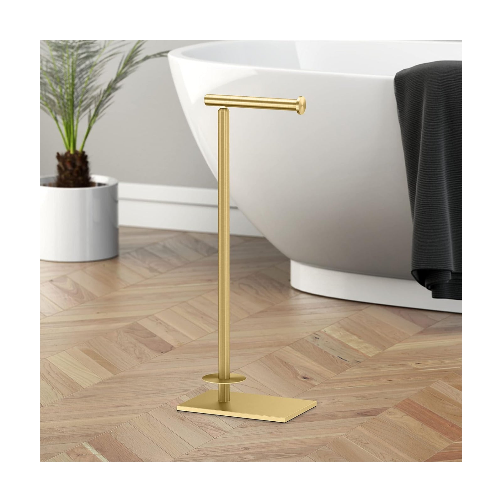 Gatco 1443B, Modern Rectangle Base Freestanding Toilet Paper Holder with Storage, 21.13”H, Brushed Brass