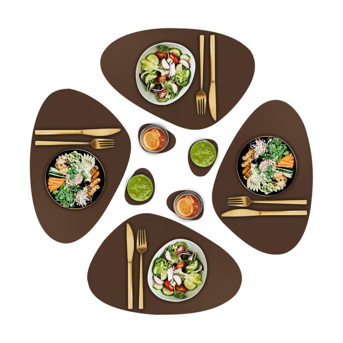 Faux Leather Placemats and Coasters - Set of 4 Round Modern Brown Table Mats for Dining - Heat Resistant, Waterproof &
