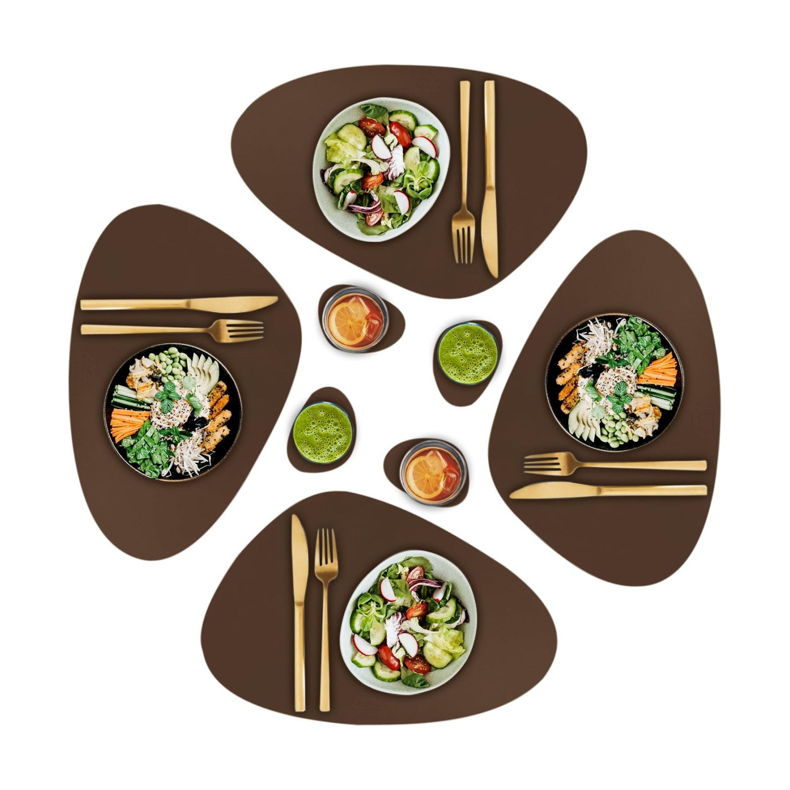 Faux Leather Placemats and Coasters - Set of 4 Round Modern Brown Table Mats for Dining - Heat Resistant, Waterproof &