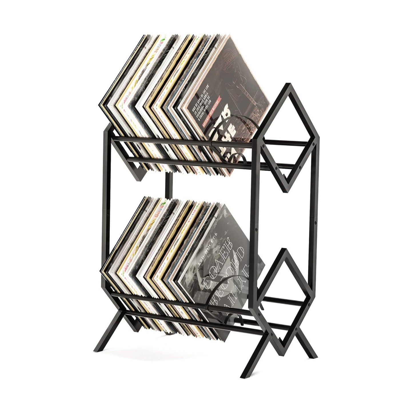 RUILALIFE 2-Tier-Vinyl-Record-Storage-Holder With Dividers, 200 LPs Albums Storage Rack Shelf, Steel Music Records