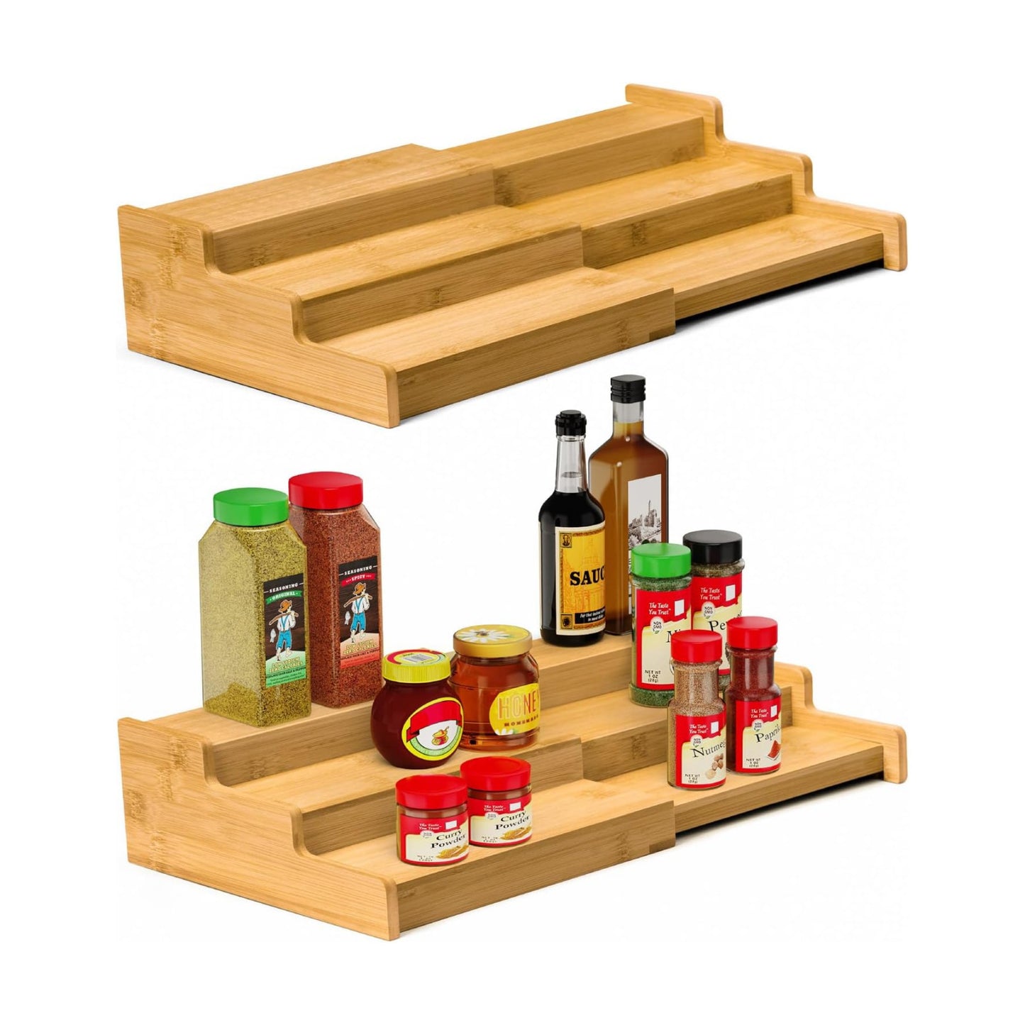 Spice Rack 3-Tier Natural Bamboo, Adjustable Cabinet Organizer Shelf | Expands 8.7-15.6"cabinets. Stepped design