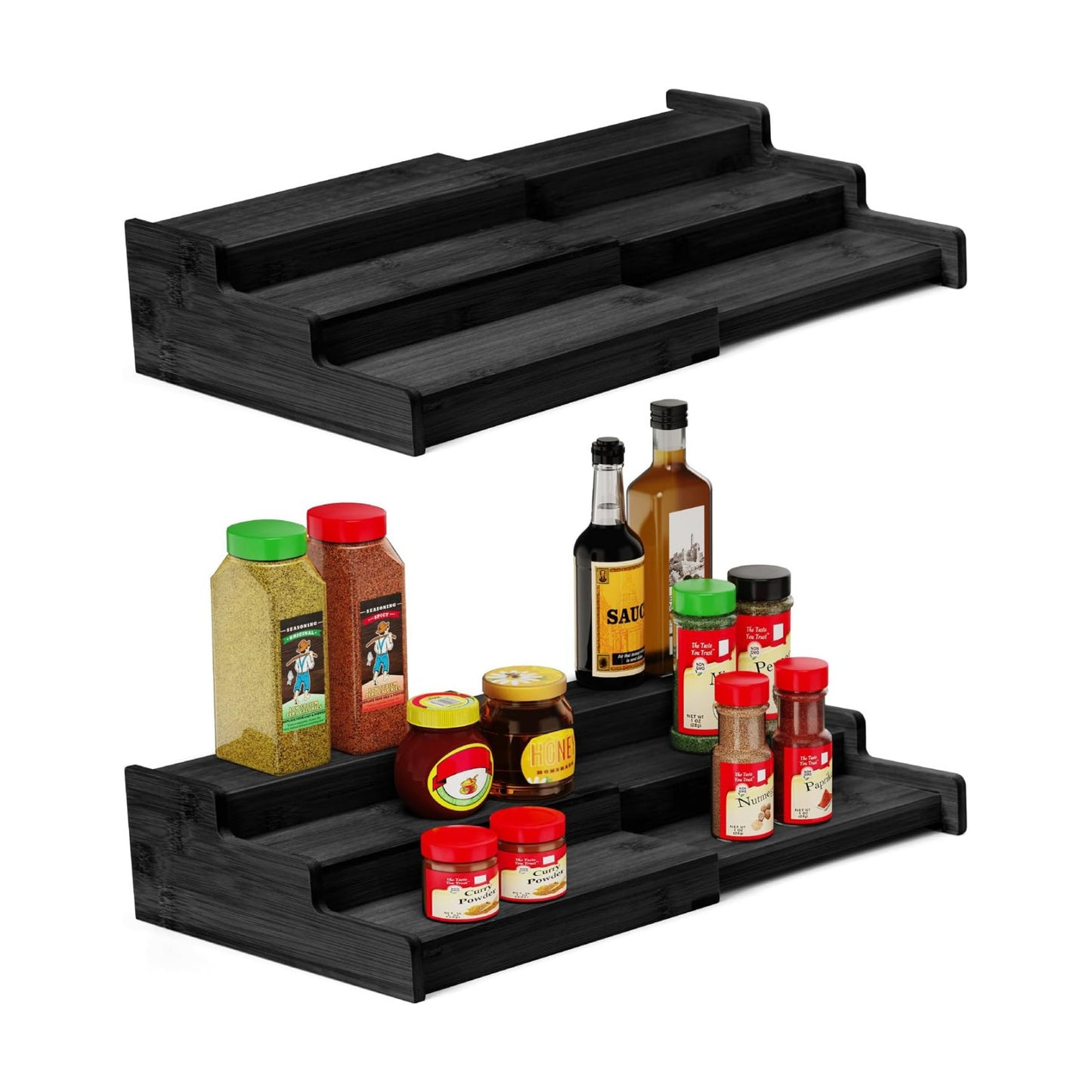 Spice Rack 3-Tier Natural Bamboo, Adjustable Cabinet Organizer Shelf | Expands 8.7-15.6"cabinets. Stepped design