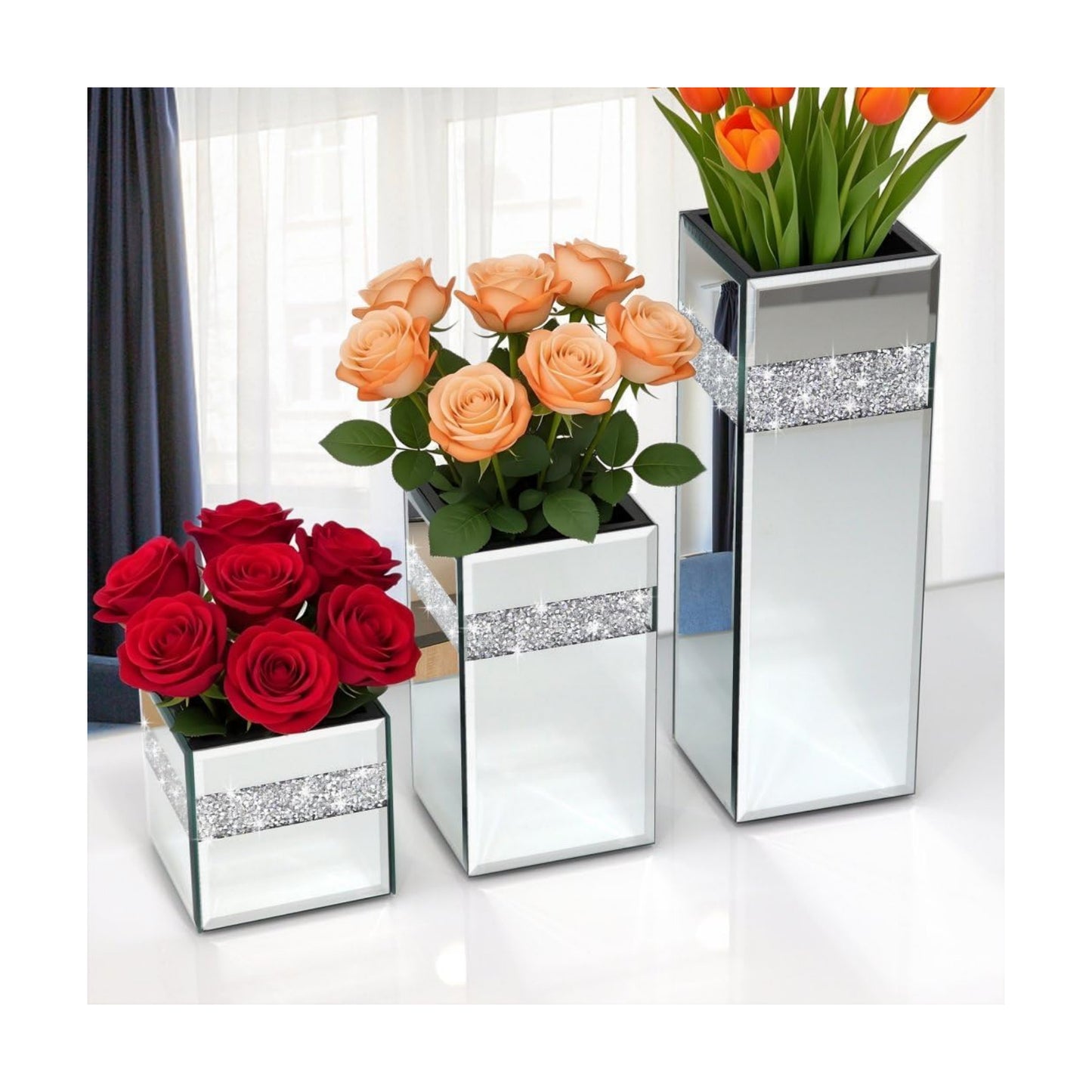 Crushed Diamond Mirrored Vase Pieces Small Middle Large. Crystal / 6 x 6 x 6 / Silver / Set of 3