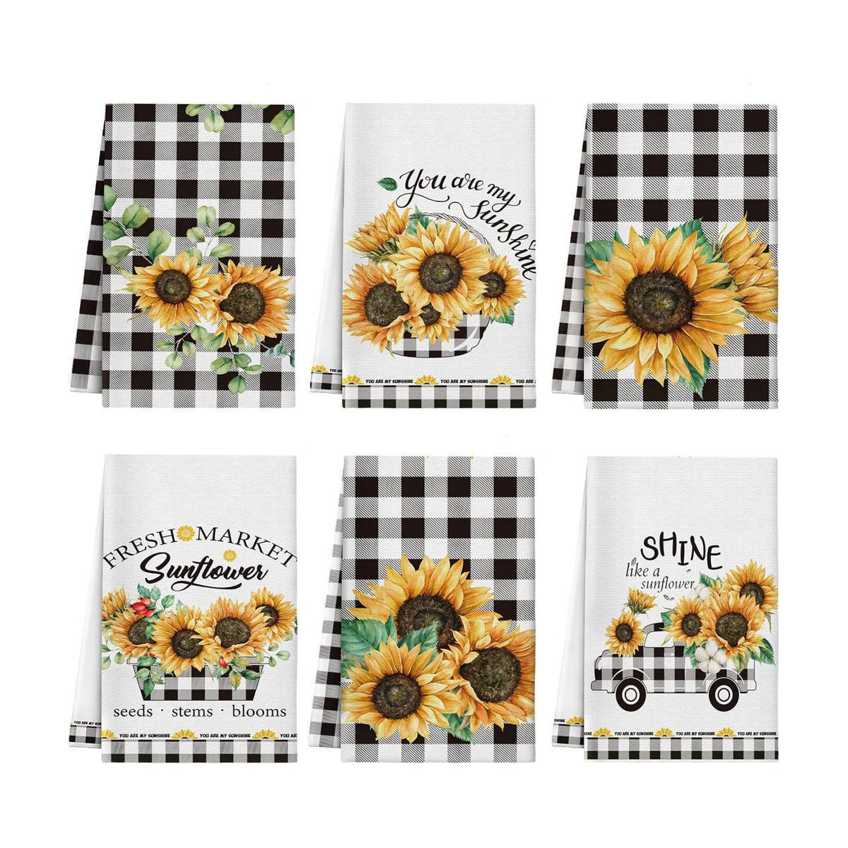 Redbaker 6 Pcs Sunflower Kitchen Towels Buffalo Plaid Dish Towels