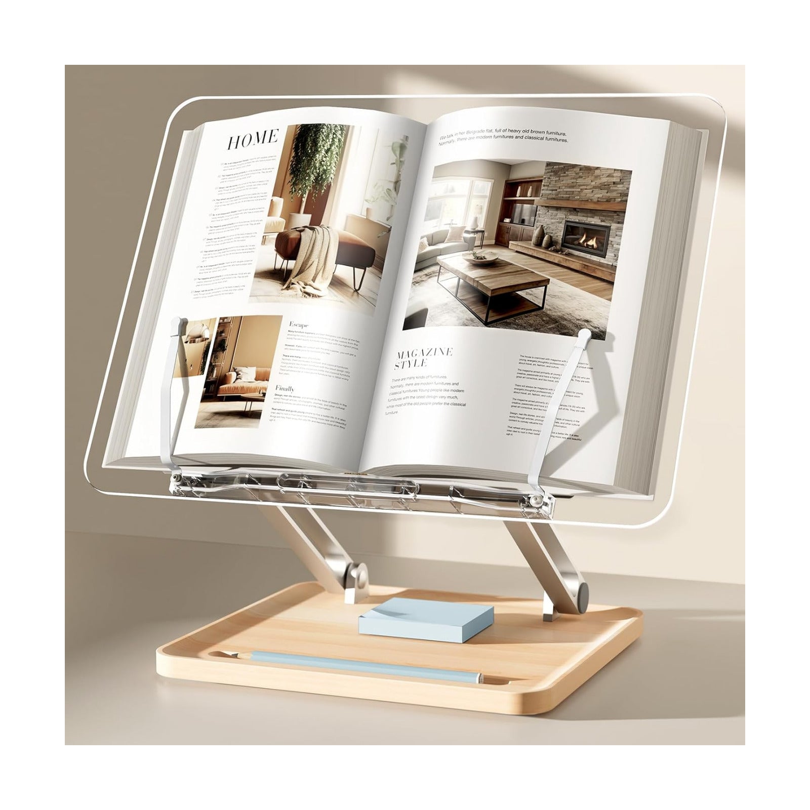 Acrylic Book Stand with Storage Base, Dual Aluminum Arm Reading Holder | Non-Slip Silicone Clips, Hands-Free Reading