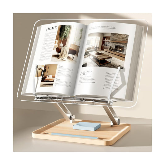 Acrylic Book Stand with Storage Base, Dual Aluminum Arm Reading Holder | Non-Slip Silicone Clips, Hands-Free Reading
