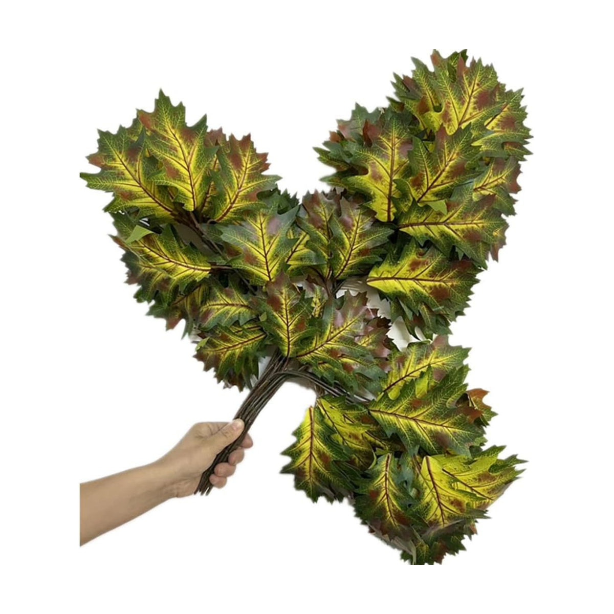 12pcs Artificial Oak Tree Branch Faux Eiche Leaf Stem Three Forks per piece for Greenery Wall Floral Decoration (Yellow Green)