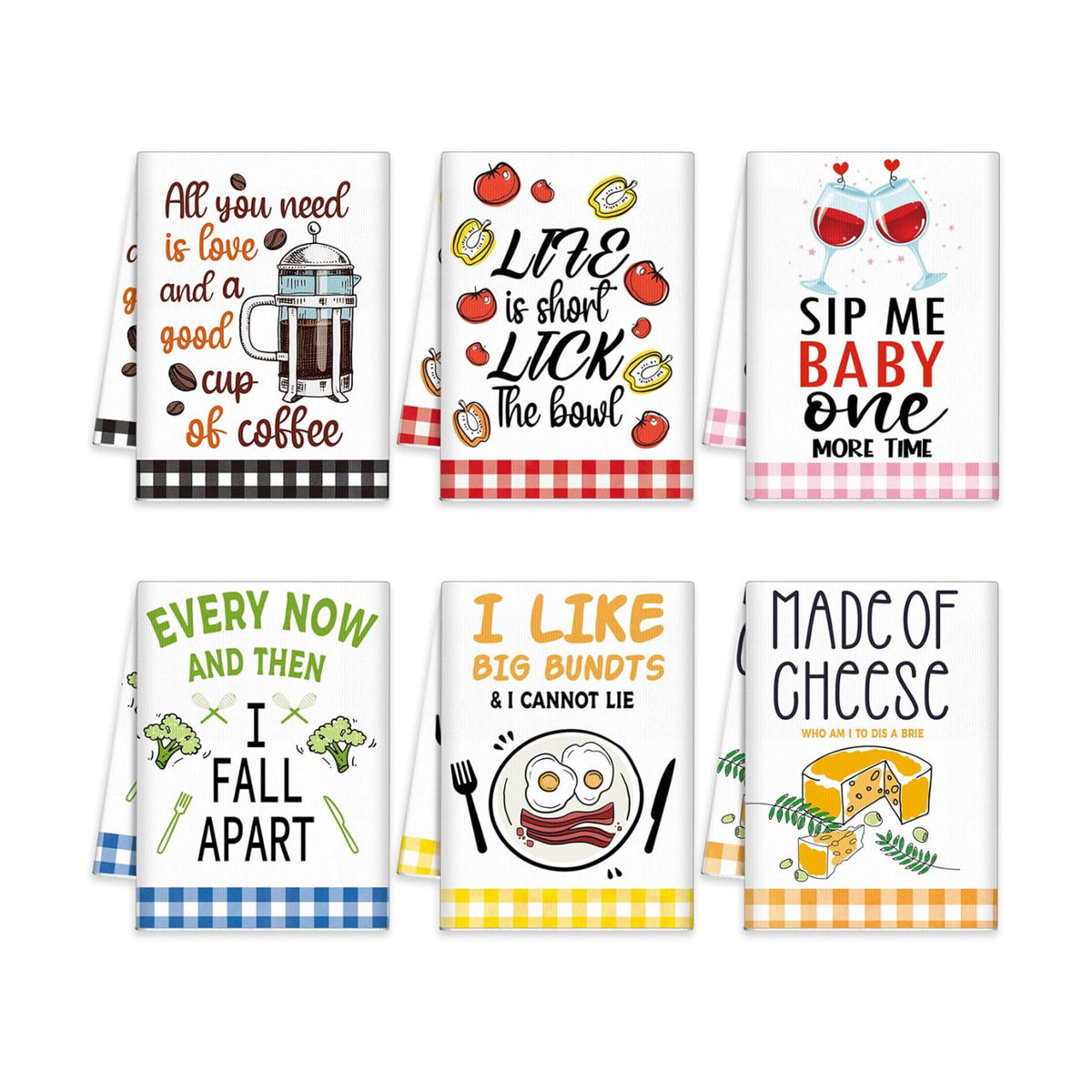 Redbaker 6 Pcs Funny Kitchen Towels with Sayings, Gingham Dish Towels