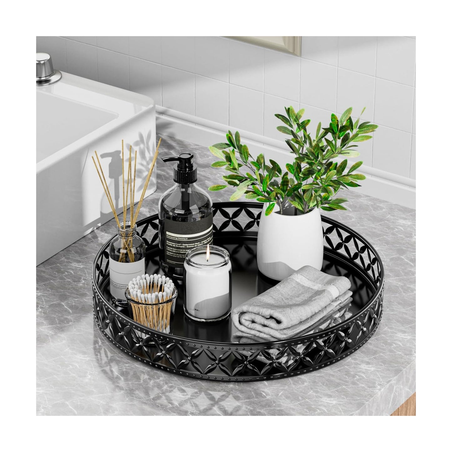Vanity Tray / Floral-black / 11 Inch