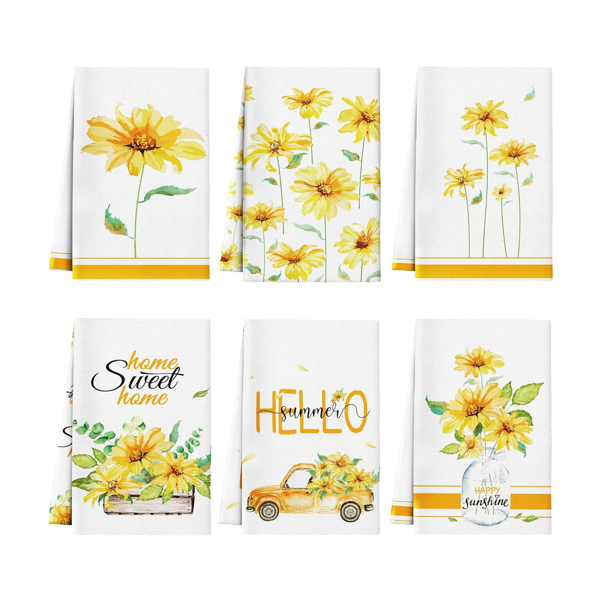 Redbaker 6 Pcs Sunflower Kitchen Towels Yellow Daisy Dishcloth Decorative