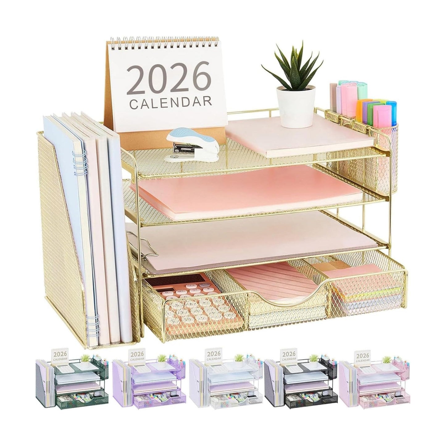 gianotter Desk Organizers and Accessories with File Holder, 4-Tier Desk Accessories & Workspace Organizers with Drawer