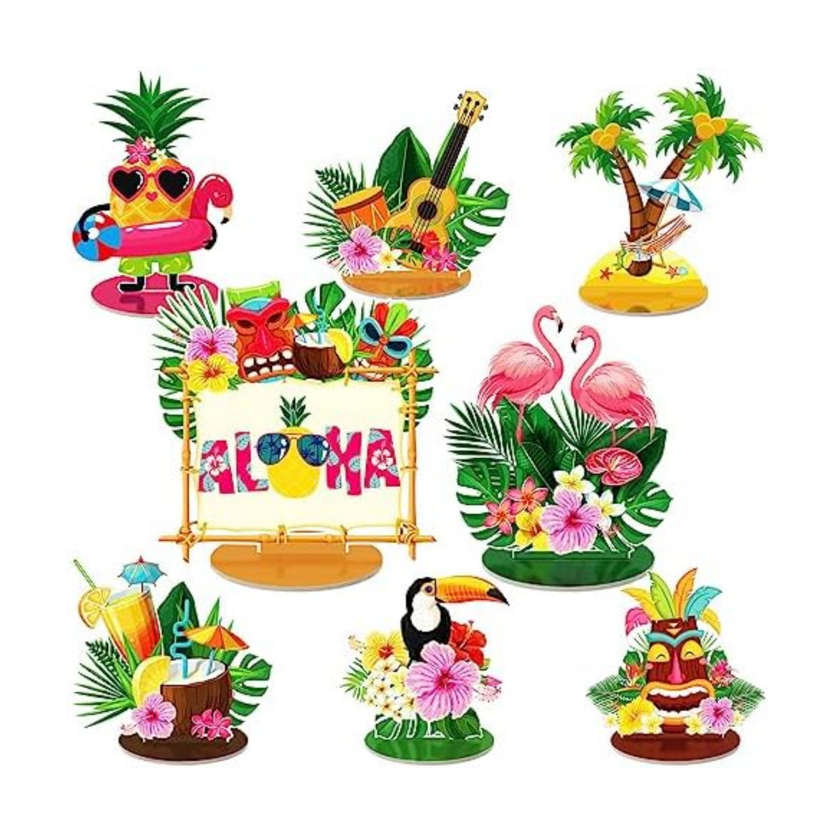 Namalu 16 Pcs Hawaiian Table Decorations Luau Table Centerpieces Aloha Tiki for Tropical Pineapple Centerpieces Hawaii Theme Summer Beach Birthday Party Supplies(Hawaiian Theme)
