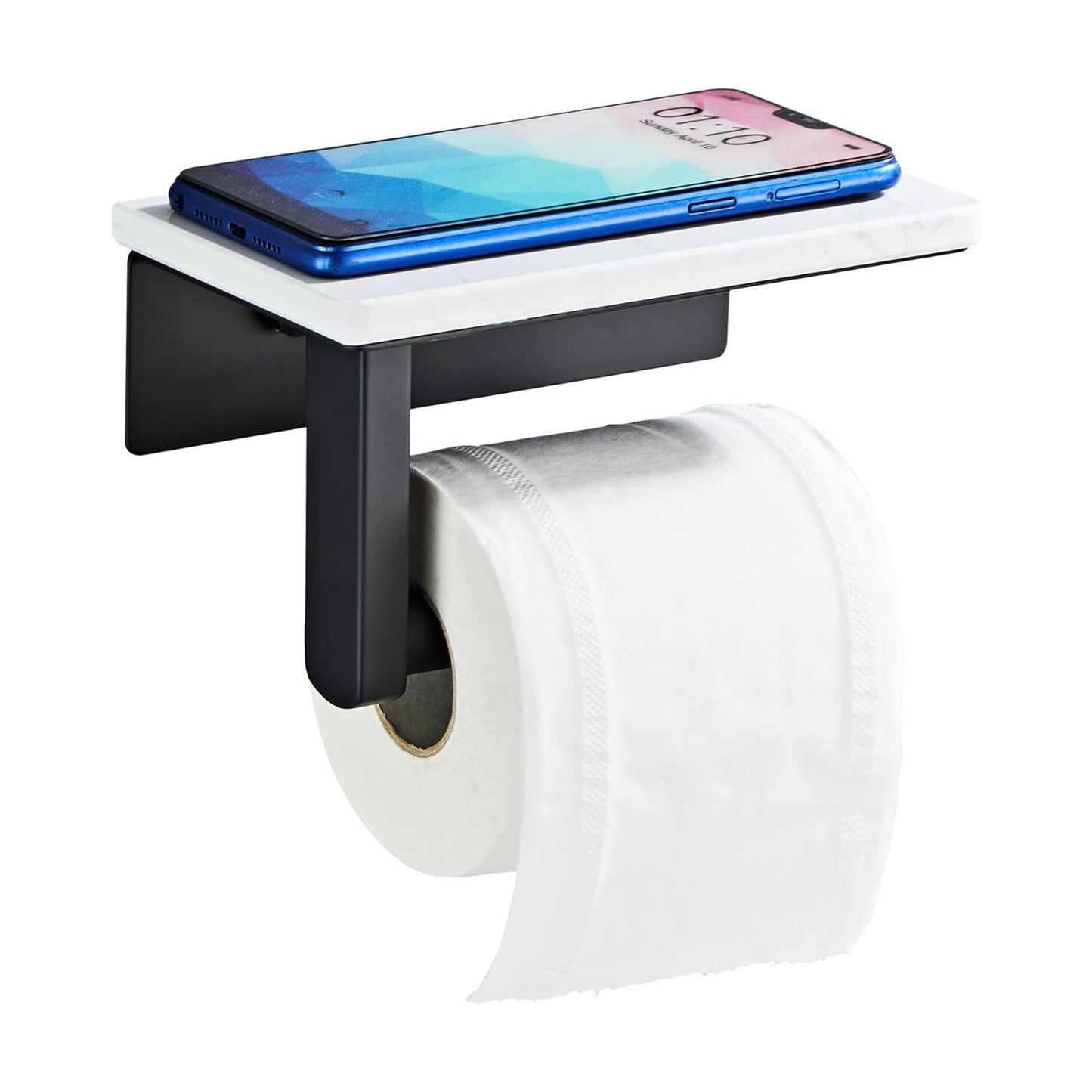 Matte Black Toilet Paper Holder with Marble-Look Shelf, Wall Mounted SUS304 Stainless Steel Toilet Roll Holder with