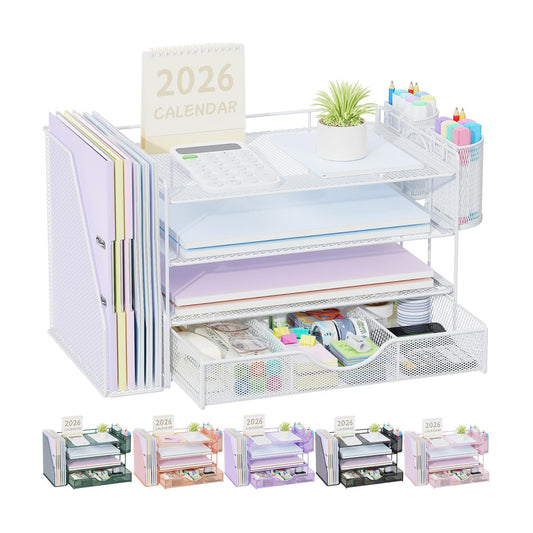 gianotter Desk Organizers and Accessories with File Holder, 4-Tier Desk Accessories & Workspace Organizers with Drawer