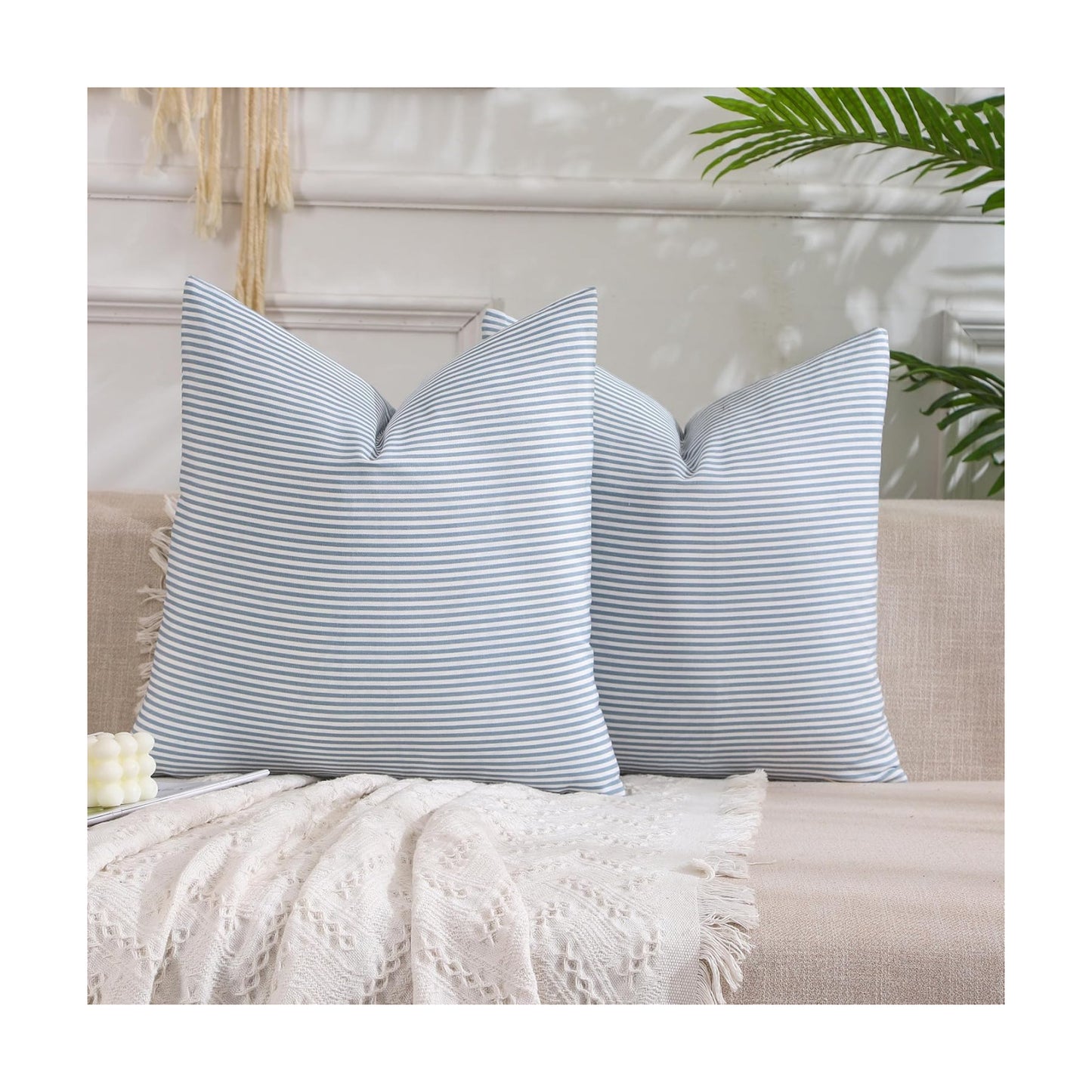 Light Blue Boho Striped Pillow Covers Farmhouse Outdoor / Grey Blue Stripe / 18 x 18 / Set of 2