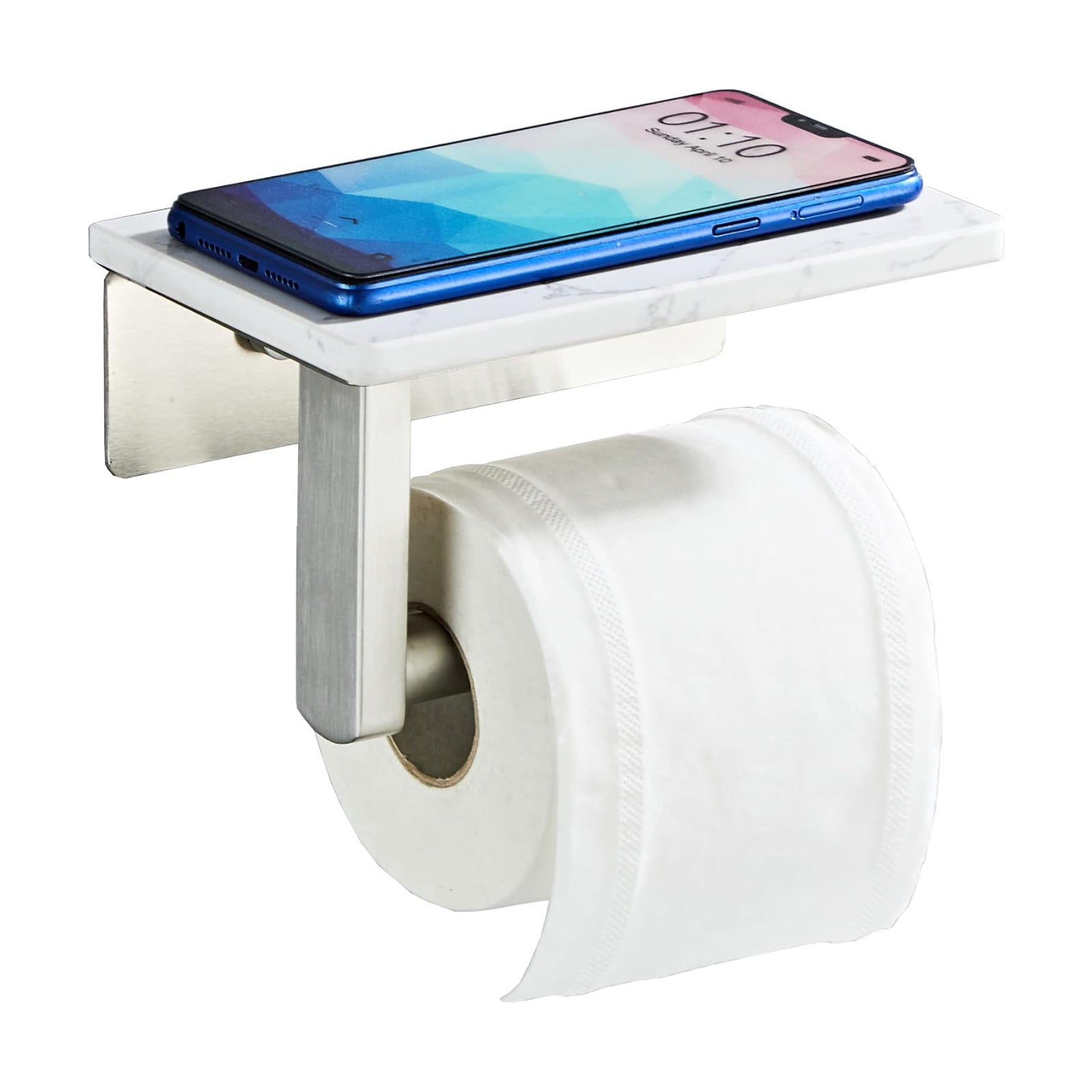 Brushed Nickel Toilet Paper Holder with Marble-Look Shelf, Wall Mounted SUS304 Stainless Steel Toilet Roll Holder with