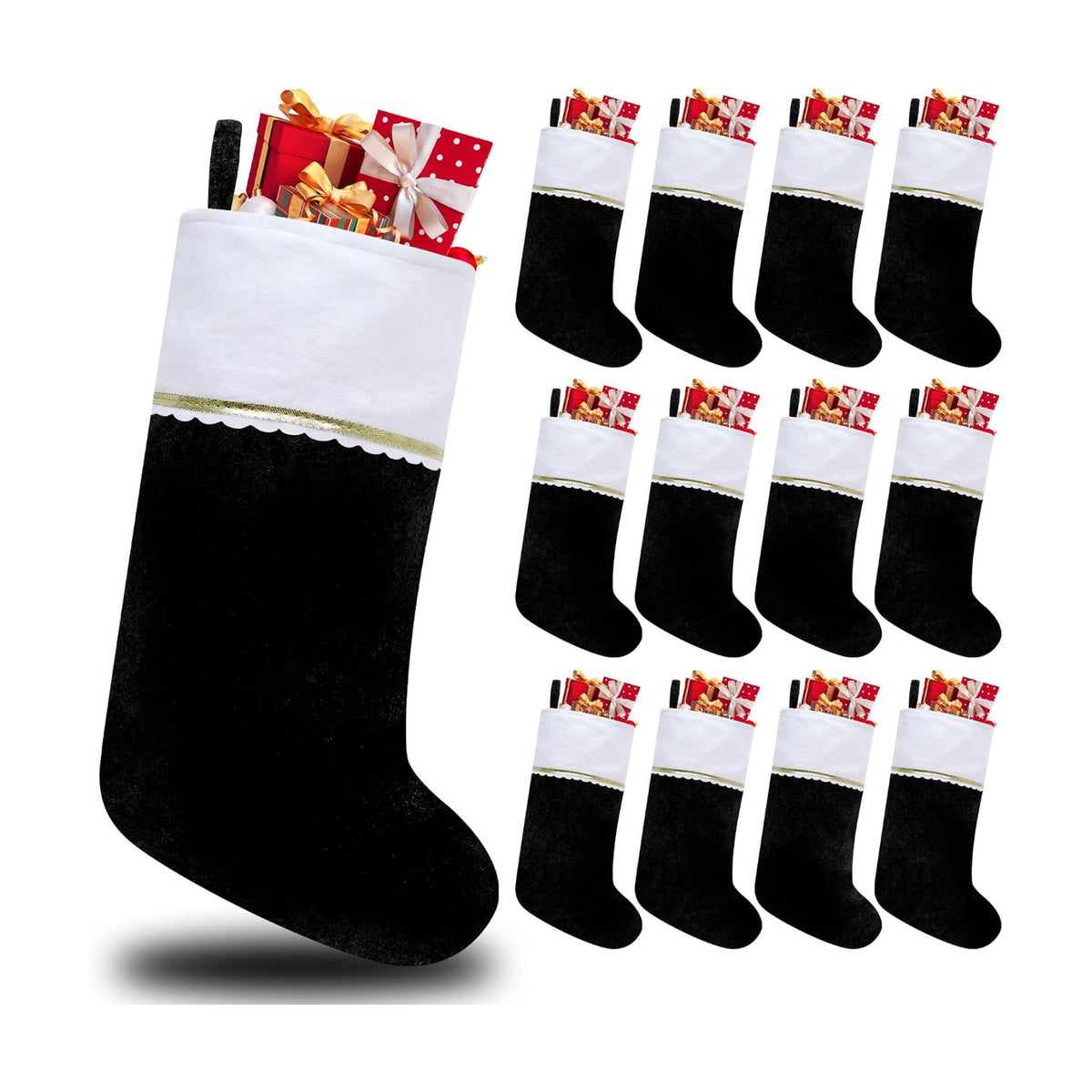 12 Pack Felt Christmas Stockings, 19 Inches Black and White Christmas Stockings, White Cuff with Gold Trim Christmas Stockings for Family Christmas Holiday Decorations